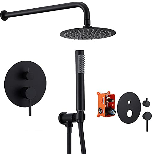 chicstyleme Duschsystem Unterputz Duscharmatur Badewannenarmatur Gebürstetes Regenduschsystem Verdeckte Dusche Brausegarnitur, Handbrausearmatur, Edelstahl Schwarz 20cm