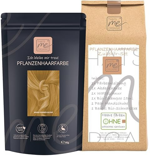Thats me Organic® Profi Pflanzenhaarfarbe + Zubehörset (warm summer blond) – Bio Haarfarbe ohne Chemie – Haarfarbe für gesundes Haarefärben auch während Schwangerschaft und Stillzeit