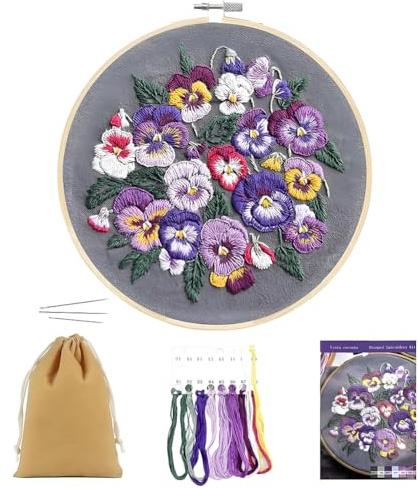 SwirlColor Broderikit för vuxna nybörjare med mönster, linne viol blomma broderi kit handbroderi kit sömnad hantverk kit inkluderar blommig broderi tyg broderi ring nål färg trådar