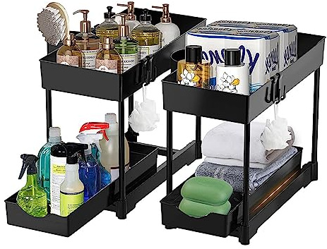 St. Bonné Unter Waschbecken Regal 2 Etagen, Herausziehbarer Spülschrankregal, Aufbewahrung Unter der Spüle mit 4 Haken und 1 Tasse, Under Sink Schrank Organizer für Badezimmer, Küchen, Schwarz