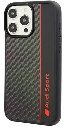 Audi Sport Handyhülle - Kompatibel mit iPhone 15 Pro Max - Stoßabsorbierende Hülle mit Carbon - mit präzisen Aussparungen für Kamera, Anschlüssen & Tasten - Schwarz mit roten Details