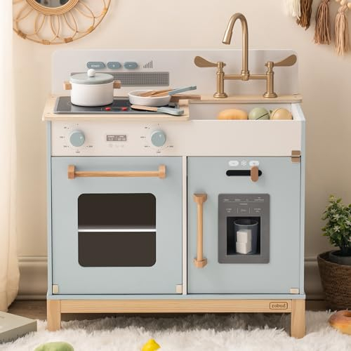 ROBUD Montessori Spielküche Holz, Kinder Küche Kinderküche Spielzeug ab 3 4 Jahre Mädchen Geschenk 3 4 5 6 Jahre Kinderküche Küche mit Zubehör für Mädchen Jungen