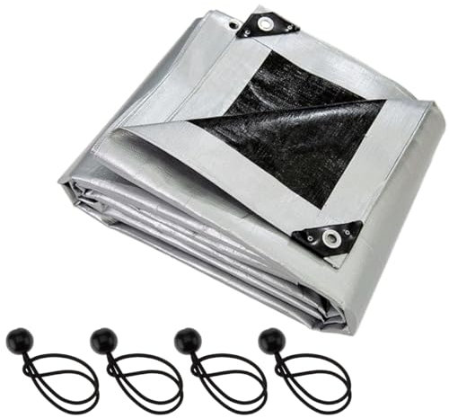 Heavy-Duty Waterproof Silver Tarpaulin 3 x 4 m - 260 GSM PE Tarp with 4 Ball Bungees - UV Resistant, Mould-Proof, Tear-Resistant Cover for Roofing, Camping, Garden, Construction - Reinforced Edges