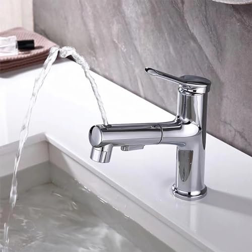 Waschtischarmatur, Wasserhahn Bad,Kaltes & Heißes waschamatur waschbecken, Wasserhahn Waschbecken für Badezimmer, Einhandmischer Waschbeckenarmatur,Wasserhahn Bad mit Ausziehbar Brause Chrom