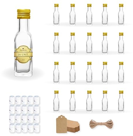 Espirito Rebelde 20 Mini Bouteilles en Verre 20ml avec Bouchon a Vis Doré + Sceau + Étiquette Kraft + Fil | Mignonnettes Alcool 2cl, Petites Fioles Échantillons | Idéal pour Cadeaux, Mariages