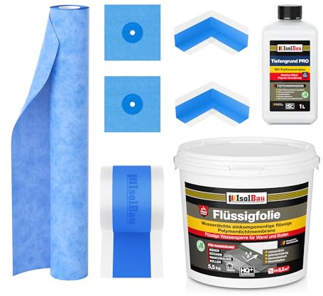 Isolbau Dicht-Set - Inkl. 1x Flüssigfolie (5,5 kg), 1x Tiefengrund PRO (1 L), 1x Dichtband (5 m), 1x Dichtbahn (1 m), 2x Innenecken & 2x Manschetten