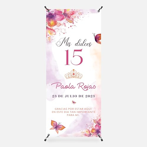 Cartel cumpleaños Personalizado - Photocall cumpleaños 15 años niña | Print Stamp Love, Decoracion cumpleaños, Lona personalizada PVC Resistente con Estructura, Montaje fácil (70x180cm) MODELO 2