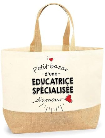 Planetee Sac Educatrice Spécialisée d'Amour | Cabas de Plage Courses Coton et Toile de Jute Idée Cadeau Femme