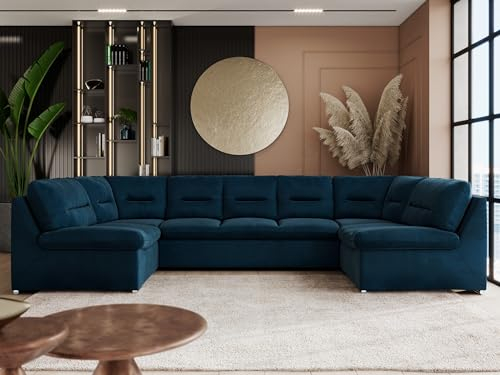 MKS MEBLE Wohnlandschaft COMODO U XXL – Sofa U-Form mit Schlaffunktion & Bettkasten, Schlafsofa mit Stauraum, freistehende Wohnzimmer Couch Ecksofa Polsterecke - Dunkelblau Velvet
