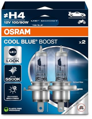 OSRAM COOL BLUE® BOOST, H4, lámparas halógenas para faros delanteros, hasta 5500K, caja plegable colgante (2 lámparas), solo para uso todoterreno