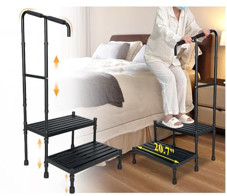 Bed Steps for High Beds for Adults Medical Step Stool with Handle Elderly Handicap Bedside Step Safety Car Step Stool with Handrail 2 Step Platforms Heavy Duty Foot Stool for RV, Kitchen, Bathtub