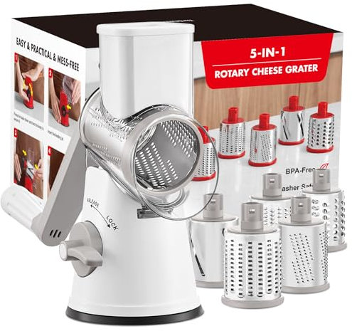 GDL Rallador de Queso, Rayadores para Cocina con 5 Cuchillas de Tambor, Cortador de Queso Corte Fácil y Rápido, Cortador Verduras Trituradora de Hielo para Queso Hielo Nuez Zanahoria, Blanco