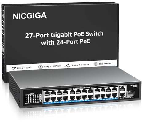NICGIGA 24 Port Gigabit PoE Switch mit 24 Port PoE+@300W, 2 Gigabit Uplink Port, 1 SFP, Robustes Metall für Desktop/Rack-Montage, Plug and Play, Unmanaged Power Over Ethernet Switch.