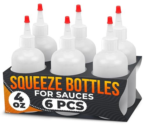 6-Pack 4oz Small Squeeze Bottles for Liquids – Clear Condiment Squeeze Bottles for Sauces, Ketchup, Mustard, Oil, Syrups, and Dressings with Measuring Scale – Reusable Easy-to-Use and Leak-Resistant