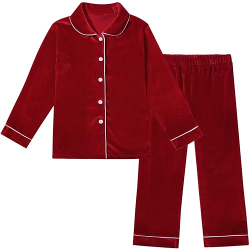 WISREMT Kids Velvet Pyjama Set, Cozy Holiday Sleepwear, Red, 10-11 Years
