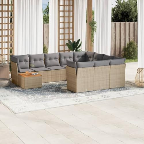LAPOOH 11-TLG. Garten-Sofagarnitur mit Kissen Beige Poly Rattan, Lounge Gartenmöbel Set, Möbelsets, Balkon Möbel, Gartenlounge, Gartensofa - 3256178
