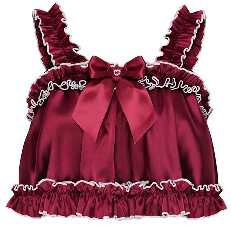 Satini Caraco Sissy Satin Bords à Volants Nœud | Bande Élastique Poitrine, Bretelles Larges, Bas en Étages, Coupe Inclusive, Pièce Fantaisie, Tailles S-XXL