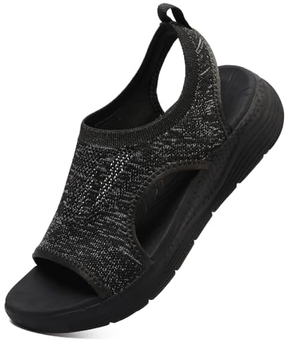 VTASQ Mode sandaler dam ortopediska sandaler sommar öppen tå strandsandaler lätta bekväma ventilerande sandaler stickning sport sandal promenadsandaler, Svart/grå, 37 EU