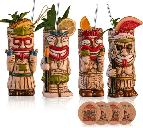 USEEKRIL Lot de 4 tasses à cocktail Tiki - Gobelets exotiques givrés avec 4 pailles et dessous de verre - Verres à cocktail en céramique pour fêtes de style hawaïen