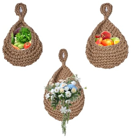 JOYWU Jute Hanging Fruit Baskets for Kitchen,3 Pcs Boho Wall Hanging Baskets for Fruits Vegetable Storage,Breathable Hand-Woven Produce Storage Basket,Wall Vegetable Flowers Basket,23/25/28cm (brown)