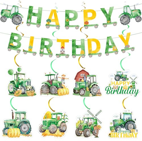 Farm Green Traktor Geburtstag Deko - 10 StüCk Green Tractor Happy Birthday Banner HäNgend Wirbel Girlande FüR Jungen Und MäDchen Kindergeburtstag Babyparty Farm Themenpartys Lieferungen
