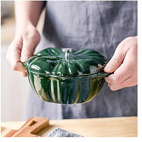 Mini casseruola in ghisa con coperchio, rivestimento smaltato resistente, a forma di zucca, adatta per fornelli a induzione e fornelli a gas