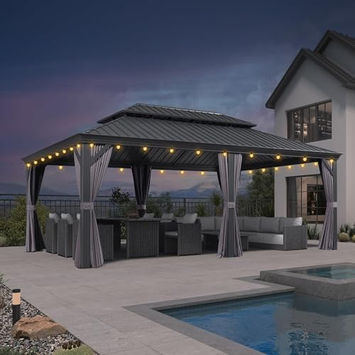 PURPLE LEAF Tonnelle de Jardin Exterieur 6 x 4 m avec LED Pergola Alu Gris | Soirées prolongées, Résiste 17,9 m/s, Poteaux 12 x 12 cm, Drainage efficace, Moustiquaire 260 g/m² et rideaux, Sans Entretien