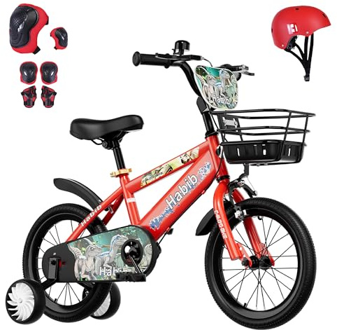 Habib Jungenfahrrad Dino-Edition 14 Zoll | Komplettset mit Schutz-Set, Korb & Pumpe | Kinderfahrrad mit Stützrädern & Handbremse für Jungen ab 3 Jahre - (Rot)