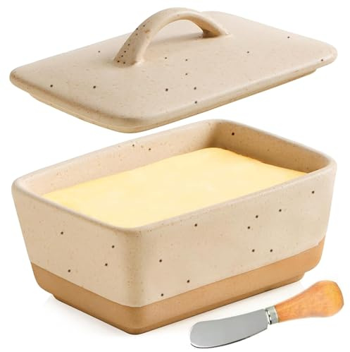 Butterglocke Keramik - Butterdose mit Deckel Henkel und Buttermesser, Butter Porzellan, Teller-Organizer mit Griff, Butterbox Porzellan Vintage,klassische Butterglocke für Alle Gängigen Butter (Weiß)