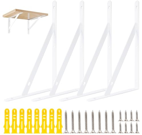 4 Pcs White Shelf Brackets Heavy Duty, White Metal Triangle Shelving Brackets for Walls, 90 Degree Right Angle Shelf Supporters Brace Bracket Wall Mounted, with Screws & Tubes(9.84 x 6.1 inch)
