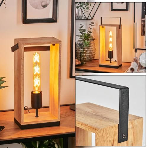 HOFSTEIN Tischleuchte Kabimoi, Tischlampe aus Metall/Holz in Schwarz/Naturfarben, moderne Leuchte im Boho/Retro/Vintage-Design, Schalter am Kabel, Höhe 40 cm, E27, Wohnzimmer, Schlafzimmer, Esszimmer