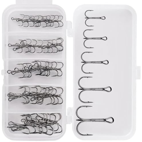 PURPLELILY Lot de 50 hameçons triples de pêche en acier à haute teneur en carbone avec boîte de transport