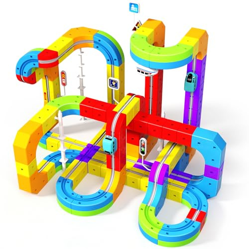 Magneverse Electric Train Set for Kids, 110PCS 3D Racing Track Sets with Electric Train, Traffic Signs, STEM Train Toys Birthday Gifts for Boys and Girls Age 3+ Years Old