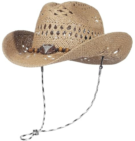 GEMVIE Cappello da Cowboy Occidentale Intrecciato a Mano con Tesa Larga Paglia Panama Cappello da Sole per Uomo e Donna,Khaki-H Top,56/58 IT