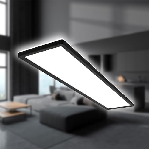 B.K.Licht - Lámpara LED de techo con luz indirecta, plana, luz blanca neutra, IP44, panel, lámpara LED, lámpara de techo, lámpara de baño, lámpara de salón, lámpara de cocina, 98 x 20 x 3 cm, negro