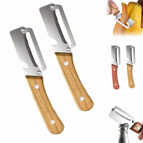 Peelers for Kitchen, Multifunctional Vegetable Peeler, 2 in 1 Stainless Steel Fruit and Vegetable Peeler, Julienne Vegetable Peeler with Wooden Handle and Bottle Opener, for Fruit & Veggie (A-2Pcs)