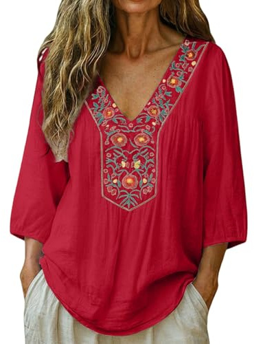 CGGMVCG Top da donna ricamati con maniche a 3/4, scollo a V, in lino, estivi, bohémien, tuniche floreali, casual, vestibilità ampia, camicette etniche, Rosso, M