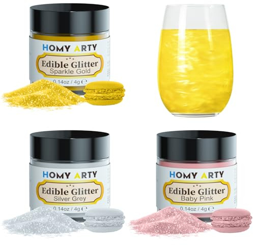 HOMY ARTY Essbares Glitzer - 3 Farben Geschmacklos Essbare Glitzerpulver | für Getränke, Lebensmittelfarbe Pulver, Essbarer Glitzer für Torte, Cocktails, Glitzerspray Essbar - 4g