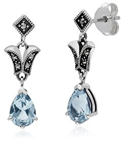 Gemondo Topaze Boucles D'Oreilles, Argent Sterling Topaze Bleu & Marcassite Poire Art Nouveau Boucles D'Oreilles Goutte