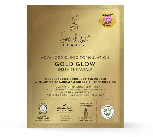 Seoulista Beauty Advanced Clinic Formulation Gold Glow Instant Facial – Anti-Ageing Face Mask —With Bulgarian Rose Oil, Vitamin C, Niacinamide — Dermatologist Created — Globally Award Winning