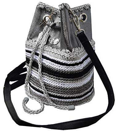 TessTaschen Damen Graue-schwarze Schultertasche mit Stiekerei Muster. Handtasche mit Ornamenten. Kleine Silbere Beuteltasche aus Geprägtem Veganes Leder