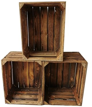 Lot de 3 caisses à vin en bois flammé - 50 x 40 x 30 cm : Cagettes à fruits vintage vintage - Pour la fabrication de meubles - 50 x 40 x 30 cm