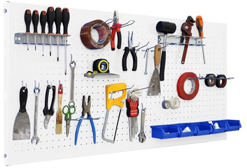 SimonRack Werkzeugwand, 30 teiliges Hakenset, 120x60x3,5 cm, Metall-Lochwand, Halterungen, Montagematerial, Weiss - Simonwork | Enthält 30 Zubehörteile, Korrosionsschutzlackierung, ∅ 5 mm, Klicksystem-Montage, Weiss
