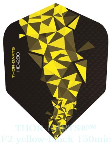 THOR-DARTS®™ Exclusiv-Line: 150 Micron F2 Darts Flights HD-280 schwarz Dart Flys extra Lange haltbar Thickness 150 mic Ultra Strong (6 Stück (2 Set), gelb/Yellow)