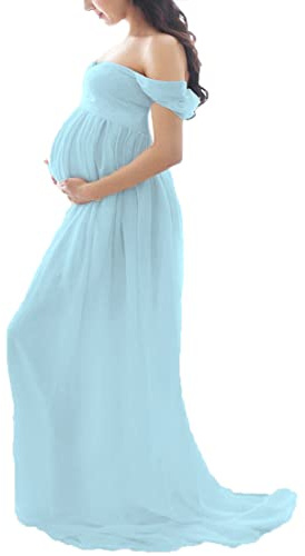 Daysskk Mammaklänning för fotografering, axellös chiffongklänning, blommig klänning för graviditetsfotografering, Ljusblå, S