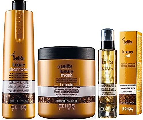 SELIAR LUXURY TRATTAMENTO IDRATAZIONE INTENSA – Shampoo(1000ml) + Maschera(1000ml) + Luxury oil(100ml) Trattamento completo idratazione intensa e istantanea per capelli secchi, opachi e disidratati