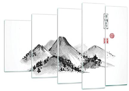 Mehrteilige Bilder auf Glas 150x100cm Glasbild Zeichnen Asien Berge Groß XXL Wanddeko Schlafzimmer Küche Set 5 teilige Wandbilder Dekoration Wohnzimmer Modern Wand Kunstdruck Art GEG150x100-4273