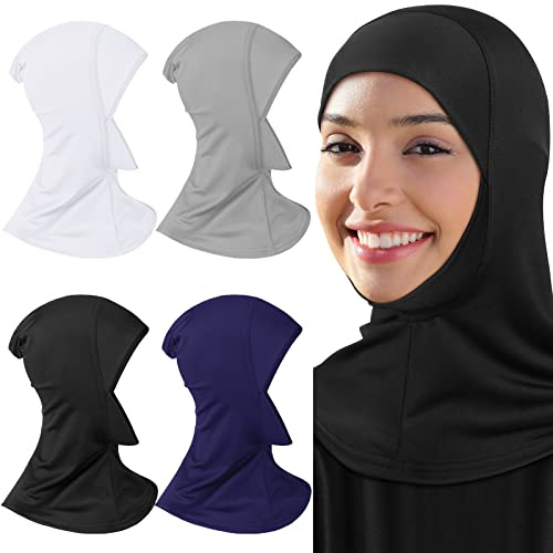 Geyoga 4 Pieces Modal Hijab Cap Adjustable Muslim Stretchy Turban Full Cover Shawl Cap Full Neck Coverage for Lady (Black, White, Blue, Gray)