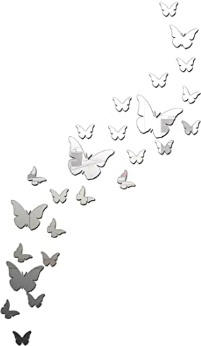 Zeayebsr 1pc Papillon Autocollant Mural, 30pcs 3D Argent Acrylique Miroir Autocollant pour Décorer Salon Chambre Bureau