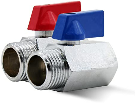 DOJA Barcelona | Mini Vanne Arret | 2 Robinet d'Arrêt 1/4” | PN16 Male-Femelle | Laiton | 2 Manettes Metal Bleu et Rouge | Vanne Quart de Tour pour Reducteur de Pression Eau, Robinet WC, Plomberie